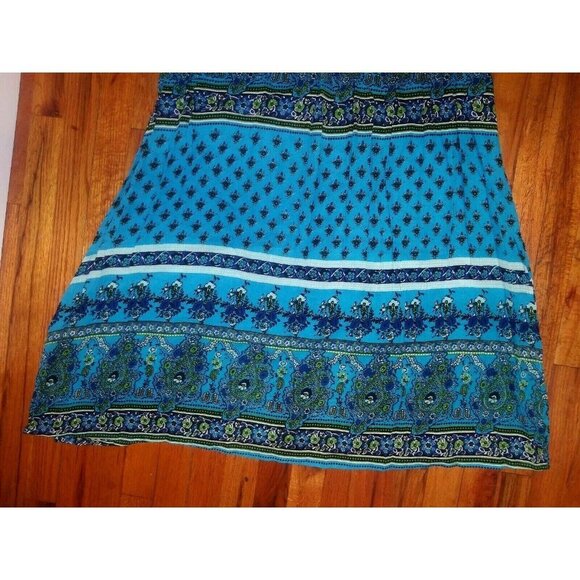 Womens L maxi skirt Cottagecore Peasant modest Boho printed teal blue side slits - Picture 10 of 11